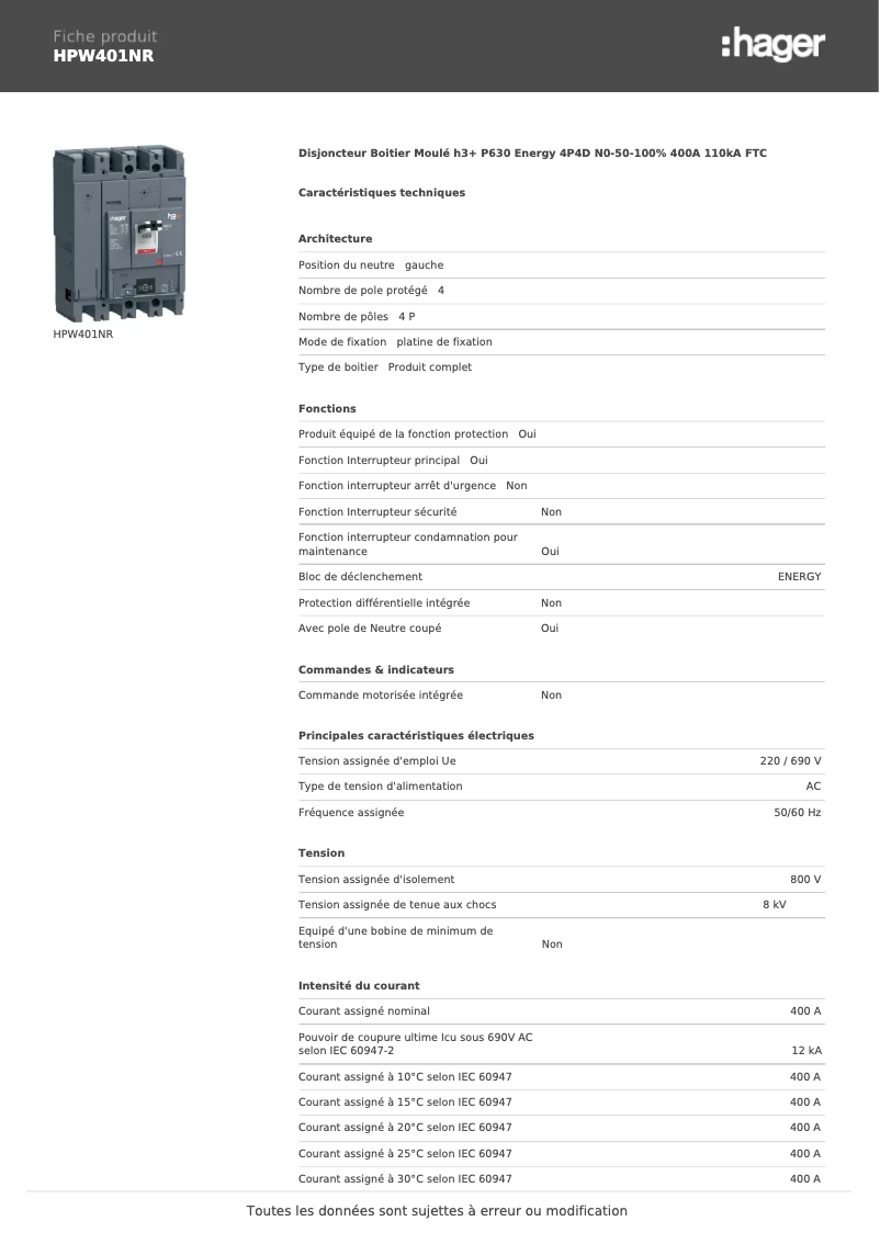 Página 1 del manual Ficha técnica Hager HPW401NR