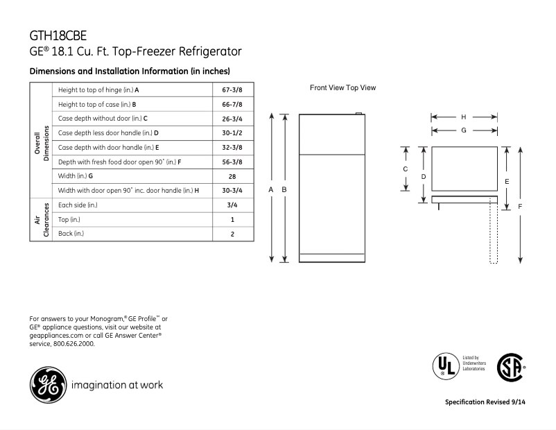 Página 1 del manual Ficha técnica GE GTH18CBECC