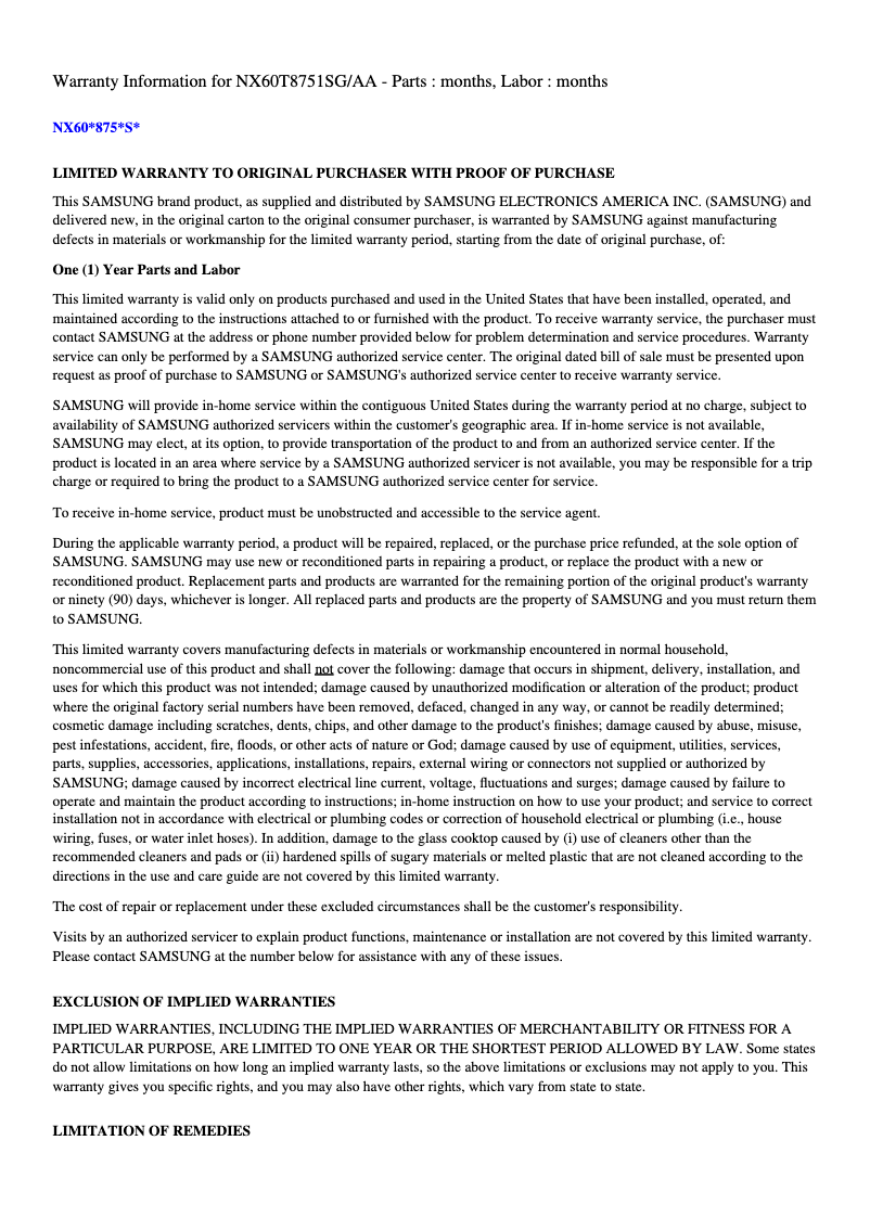 Página 1 del manual Información de garantía Samsung NX60T8751SS
