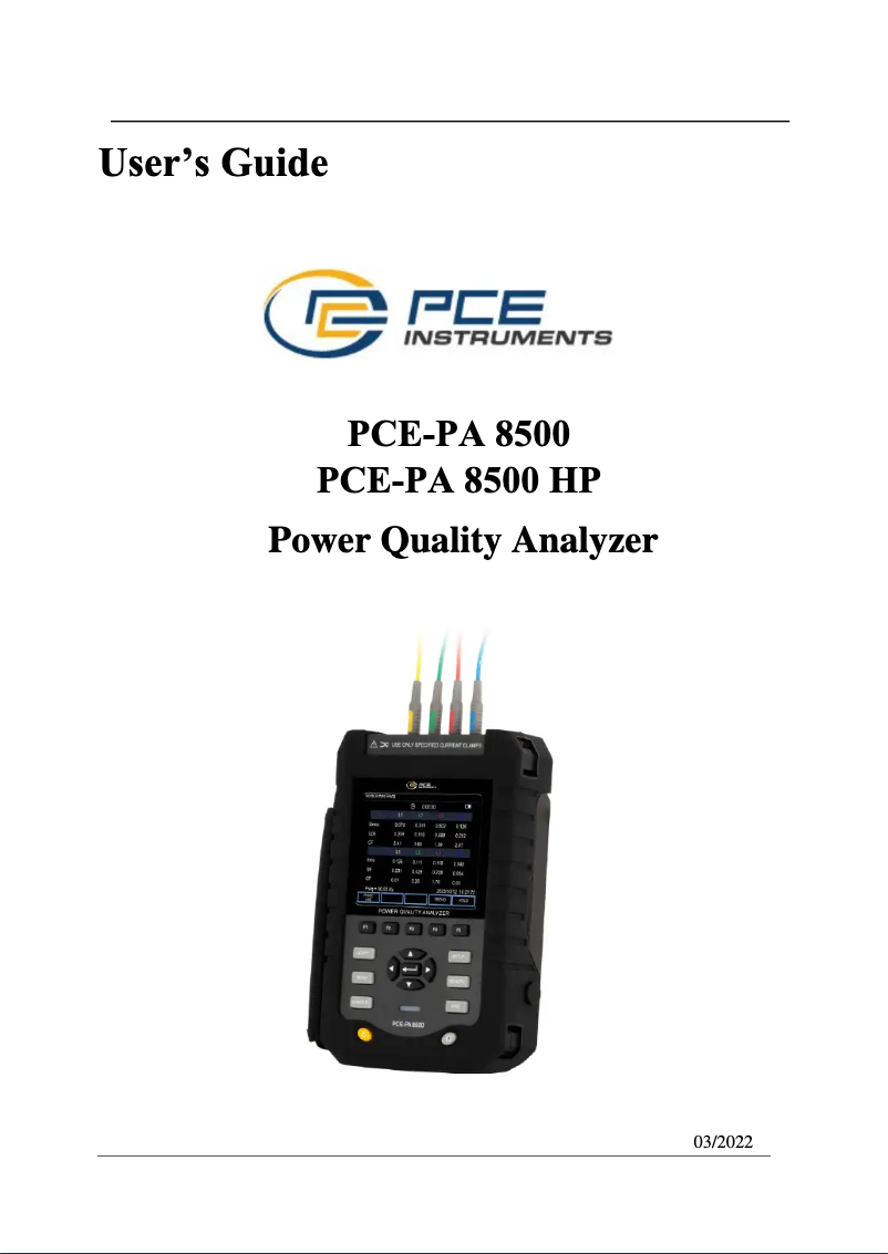 Imagen de la primera página del manual del dispositivo PCE-PA 8500