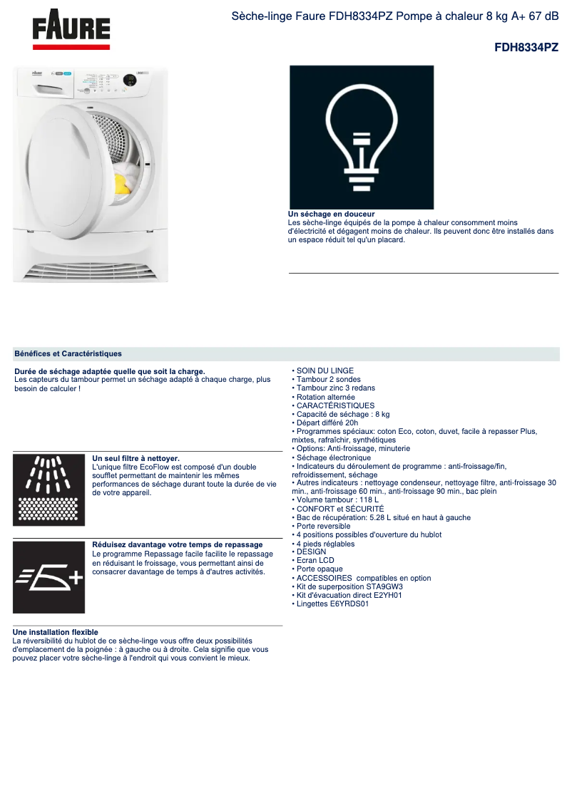 Página 1 del manual Ficha técnica Faure FDH8334PZ