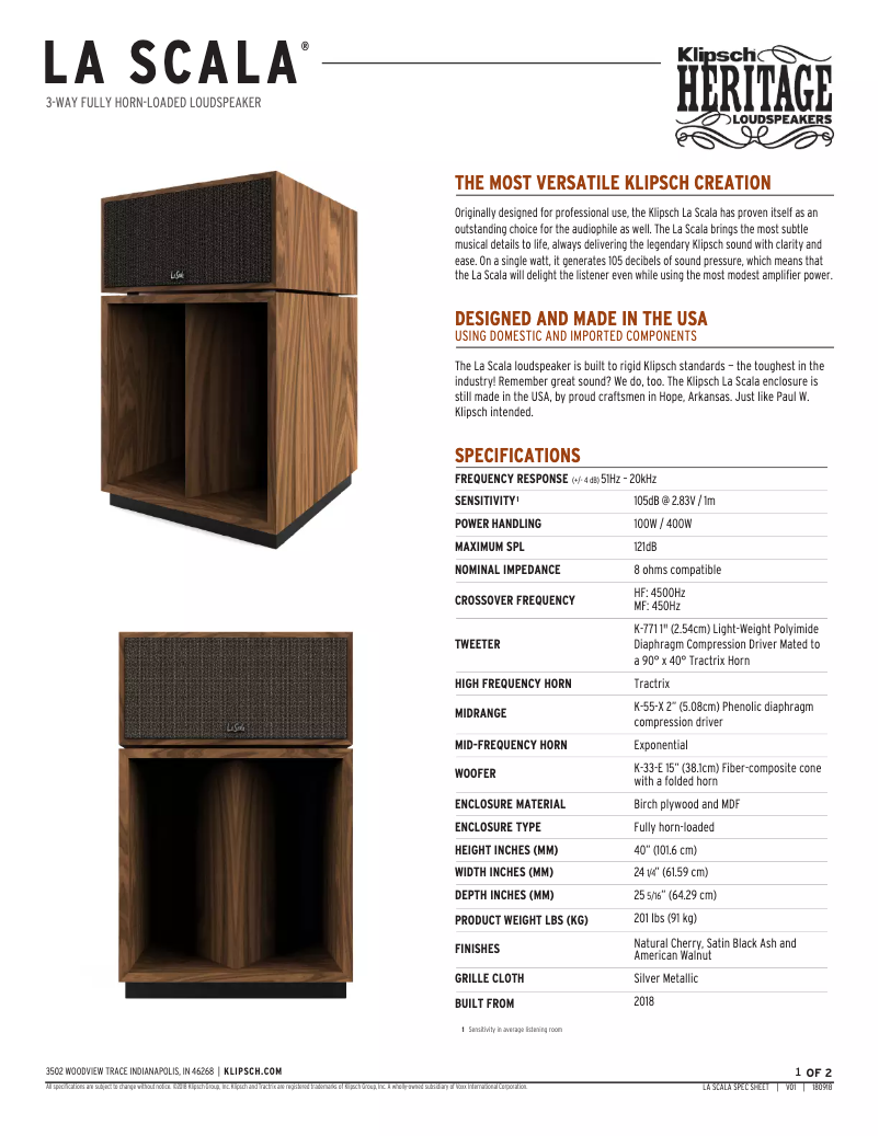 Página 1 del manual Ficha técnica Klipsch Heritage La Scala AL5