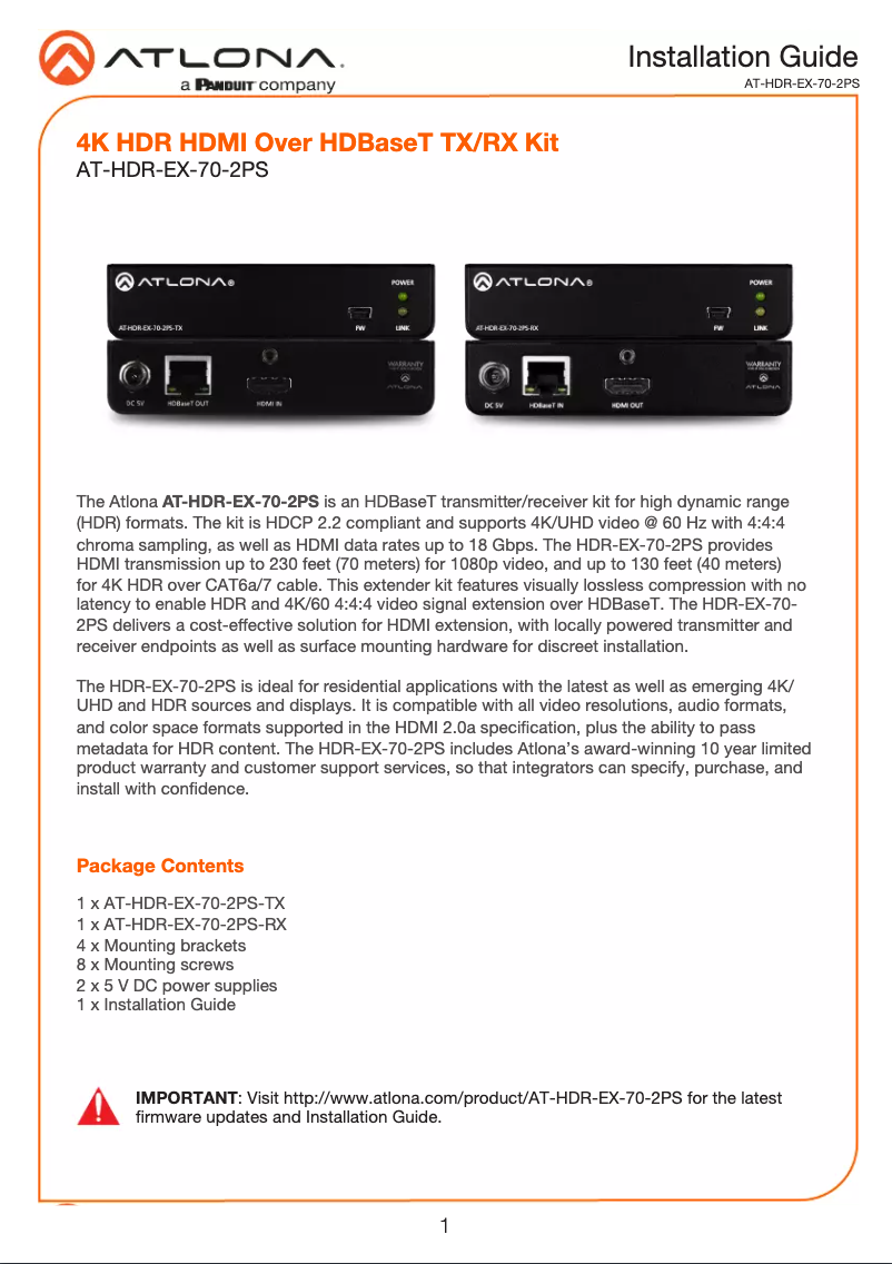 Imagen de la primera página del manual del dispositivo AT-HDR-EX-70