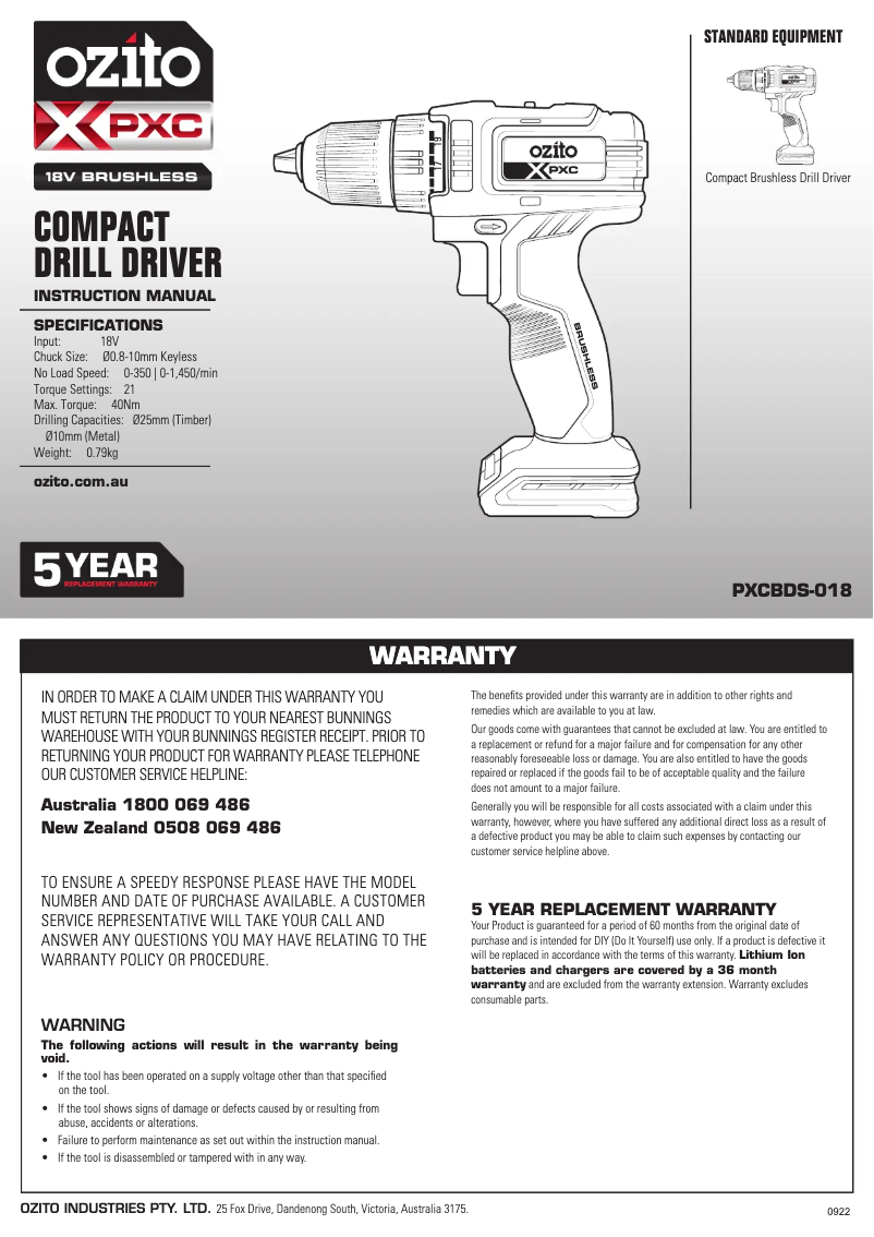 Página 1 del manual Manual de usuario Ozito PXCBDK-250