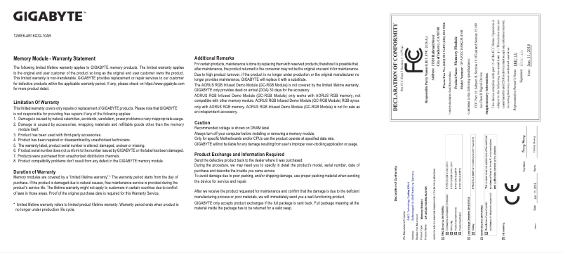 Página 1 del manual Manual de usuario Gigabyte Aorus RGB Memory