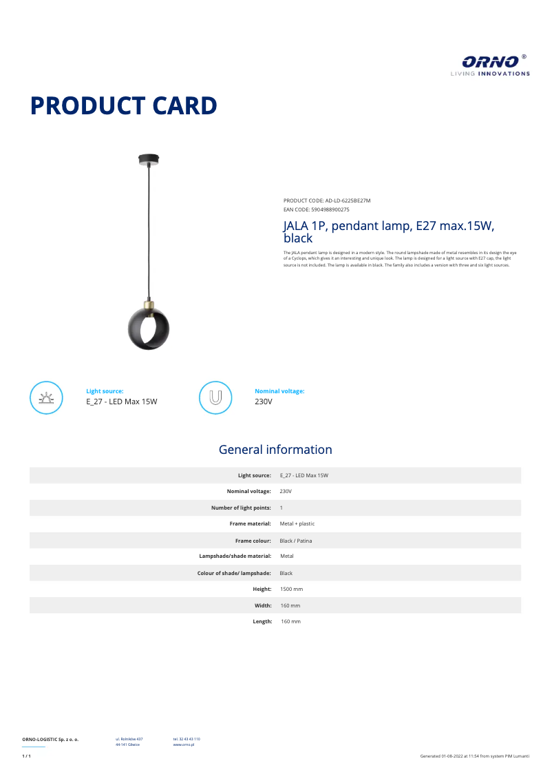 Página 1 del manual Ficha técnica Adviti AD-LD-6225BE27M