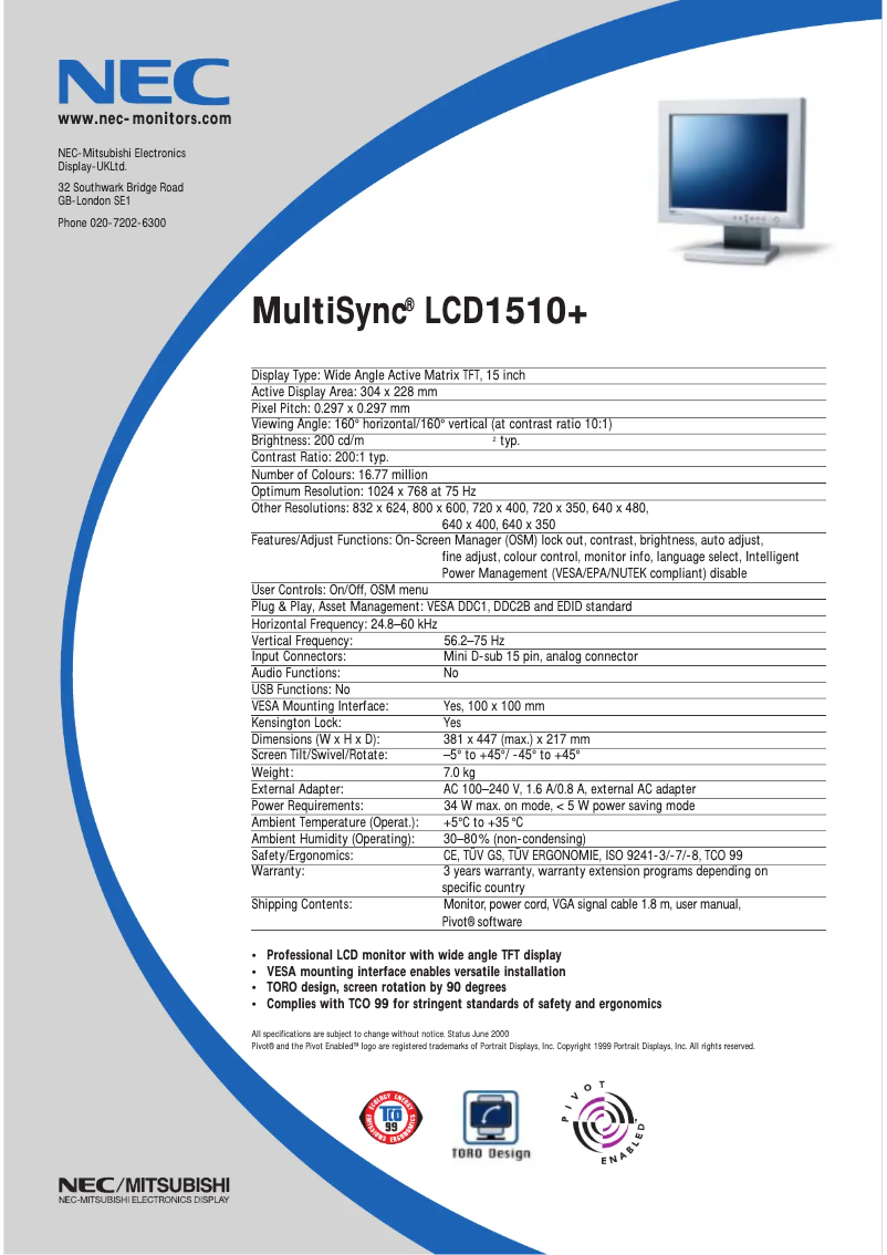 Imagen de la primera página del manual del dispositivo MultiSync LCD1510+