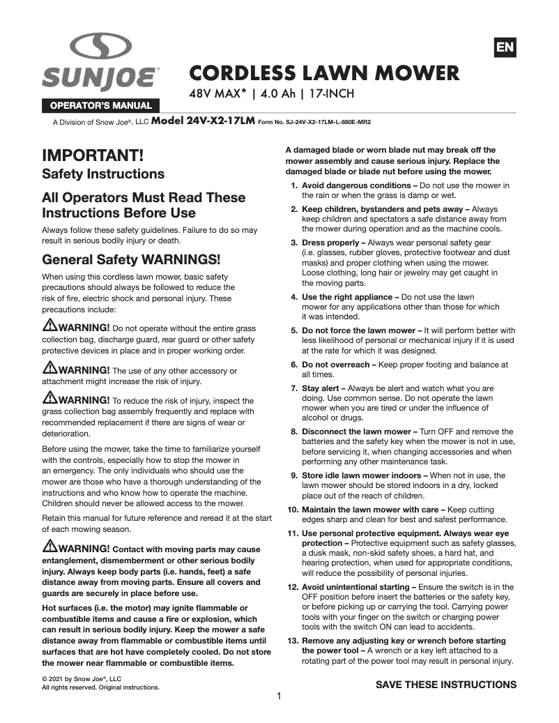 Página 1 del manual Manual de usuario Sun Joe 24V-X2-17LM-CT