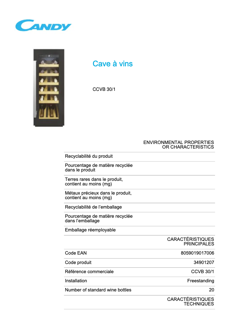 Página 1 del manual Ficha técnica Candy CCVB 30/1