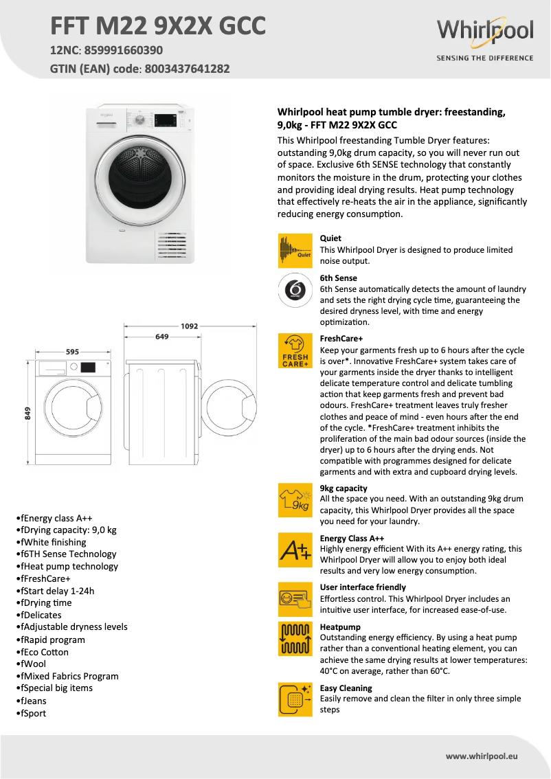 Página 1 del manual Ficha técnica Whirlpool FFT M22 9X2X