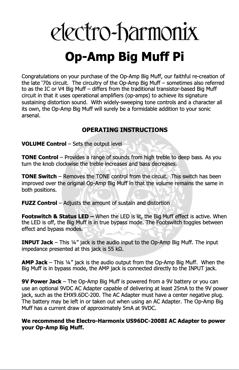 Imagen de la primera página del manual del dispositivo Op-Amp Big Muff Pi