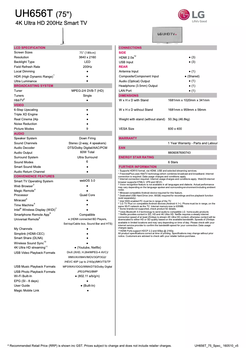 Página nº 1 - Ficha técnica LG 75UH656T