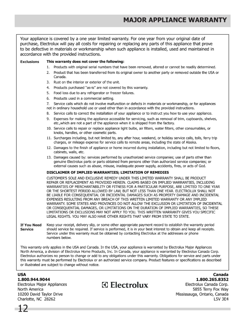 Página 1 del manual Información de garantía Frigidaire FFWC3822QS