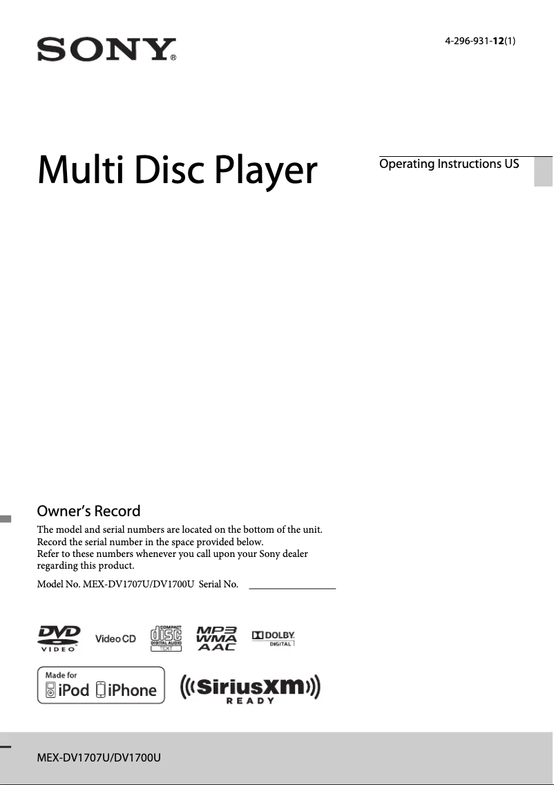 Página 1 del manual Manual de usuario Sony MEX-DV1700U