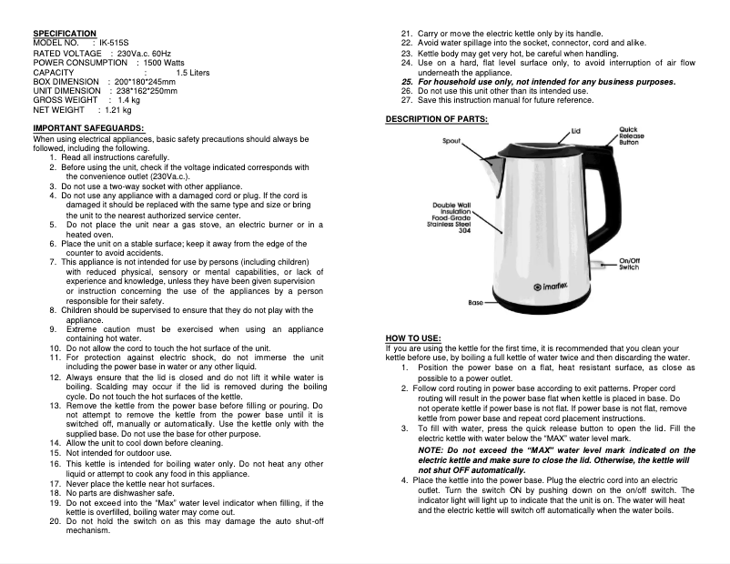Imagen de la primera página del manual del dispositivo IK-515S