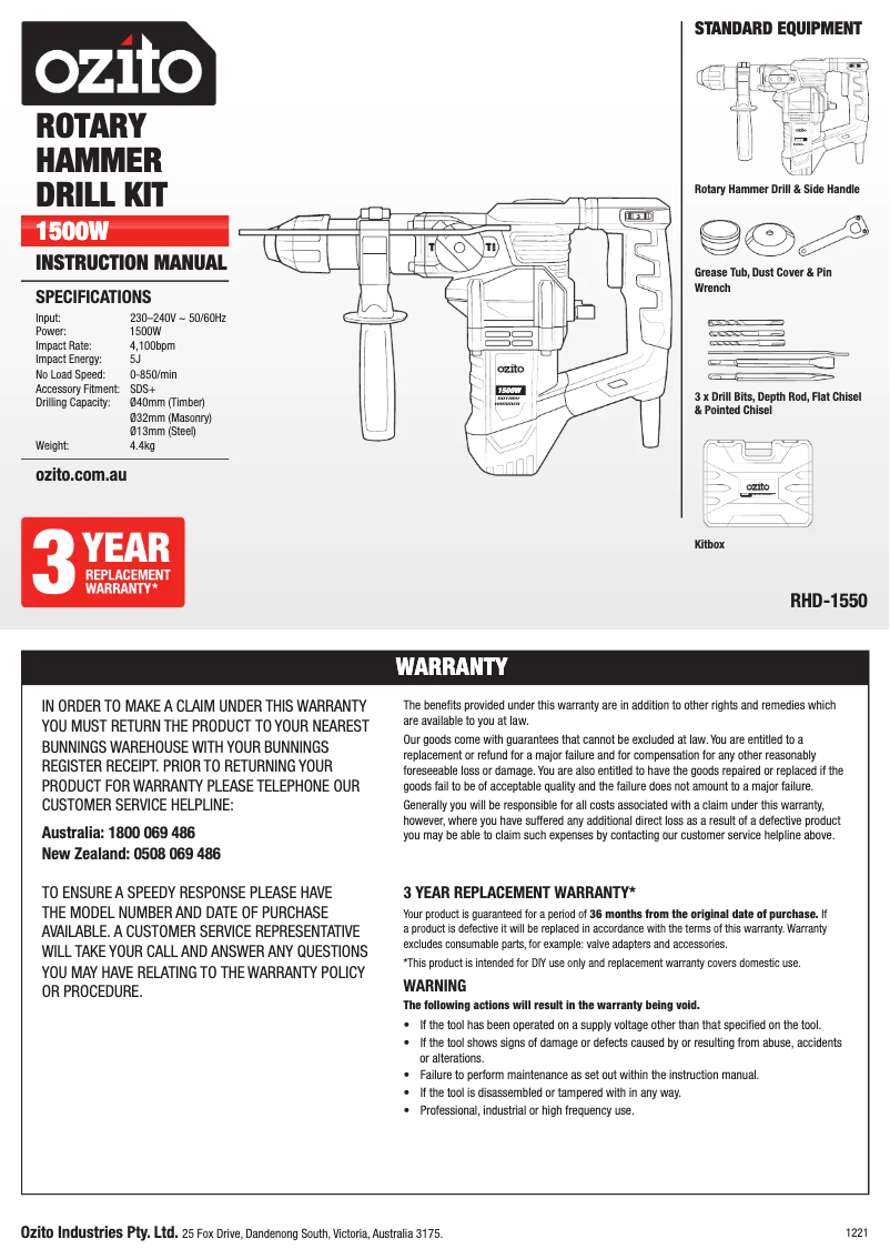 Página 1 del manual Manual de usuario Ozito RHD-1550