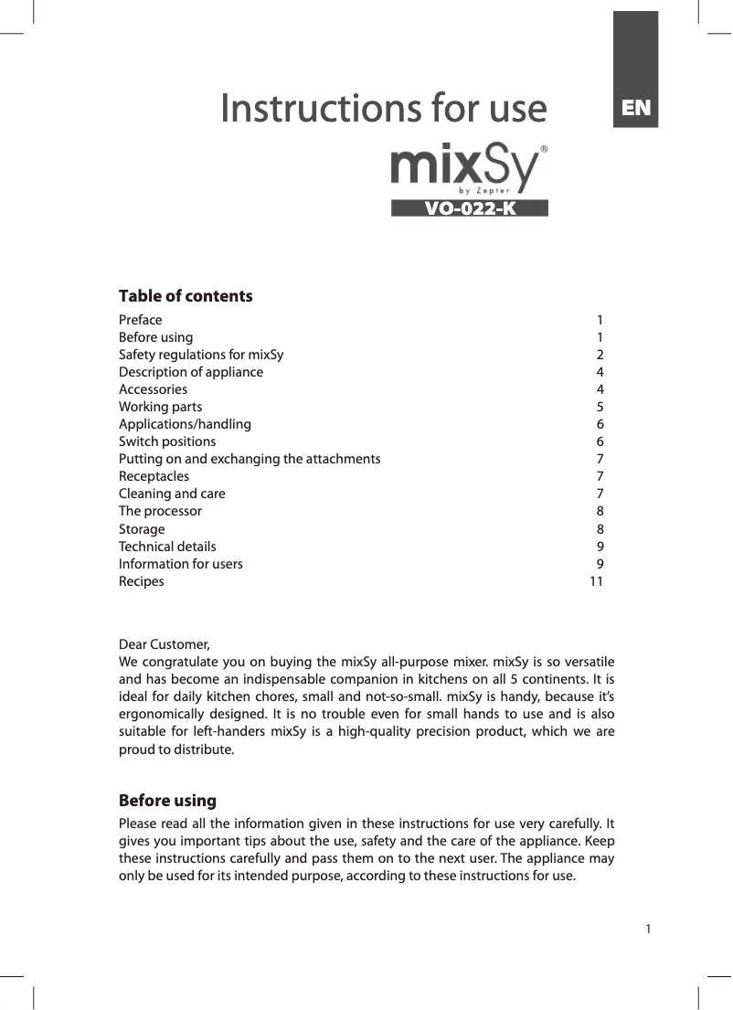 Imagen de la primera página del manual del dispositivo mixSy VO-022-K
