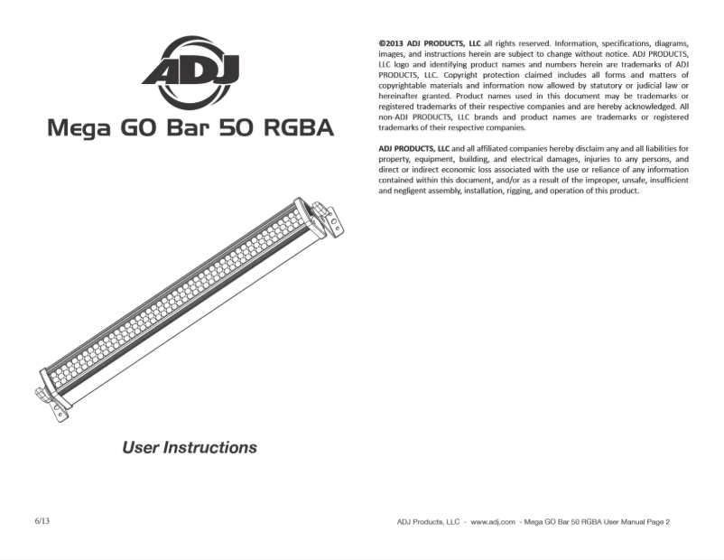 Imagen de la primera página del manual del dispositivo Mega Go Bar 50 RGBA