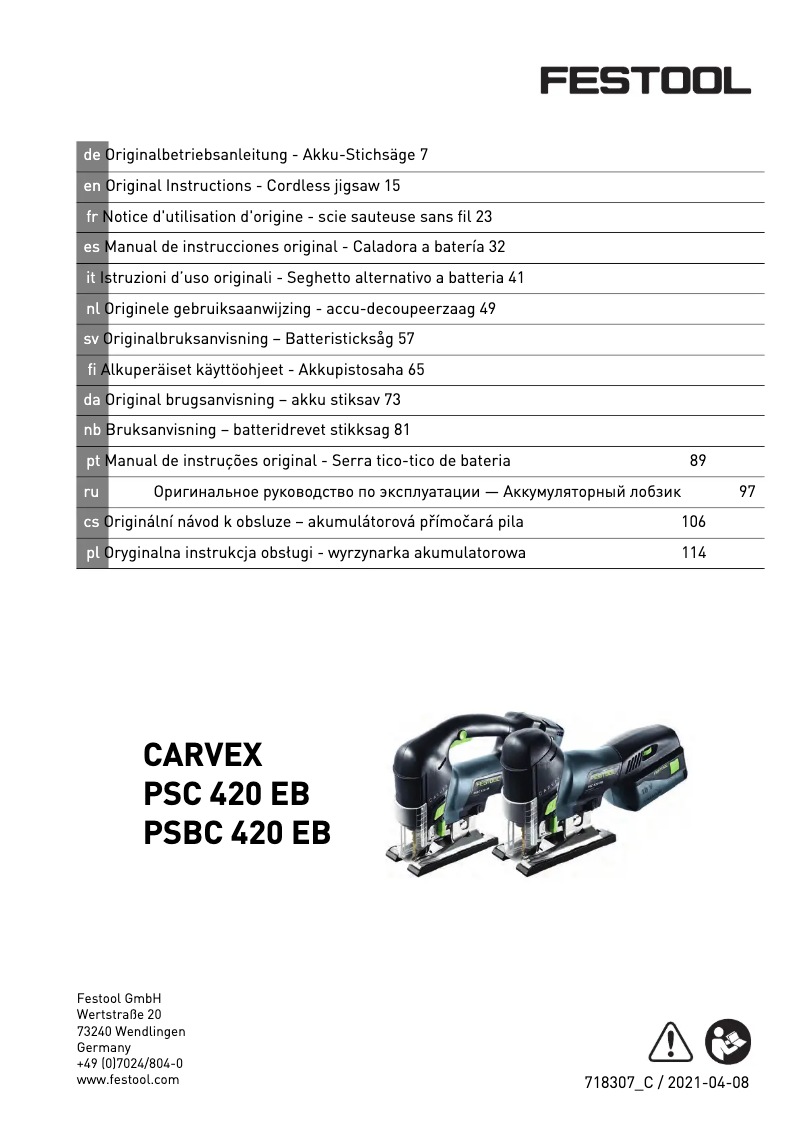 Página nº 1 - Manual de usuario Festool Carvex PSC 420 EB