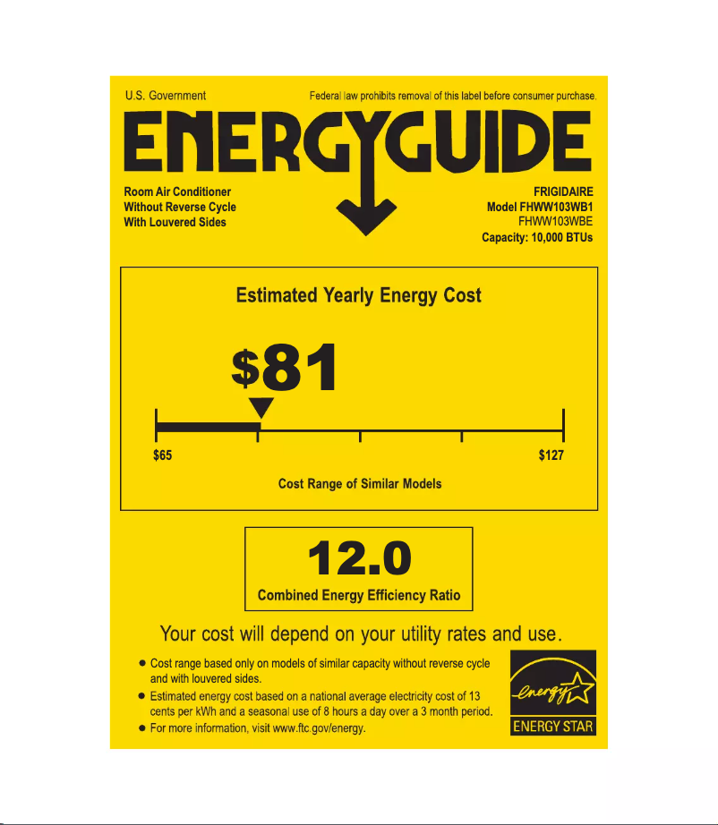 Página 1 del manual Etiqueta energética Frigidaire FHWW103WBE