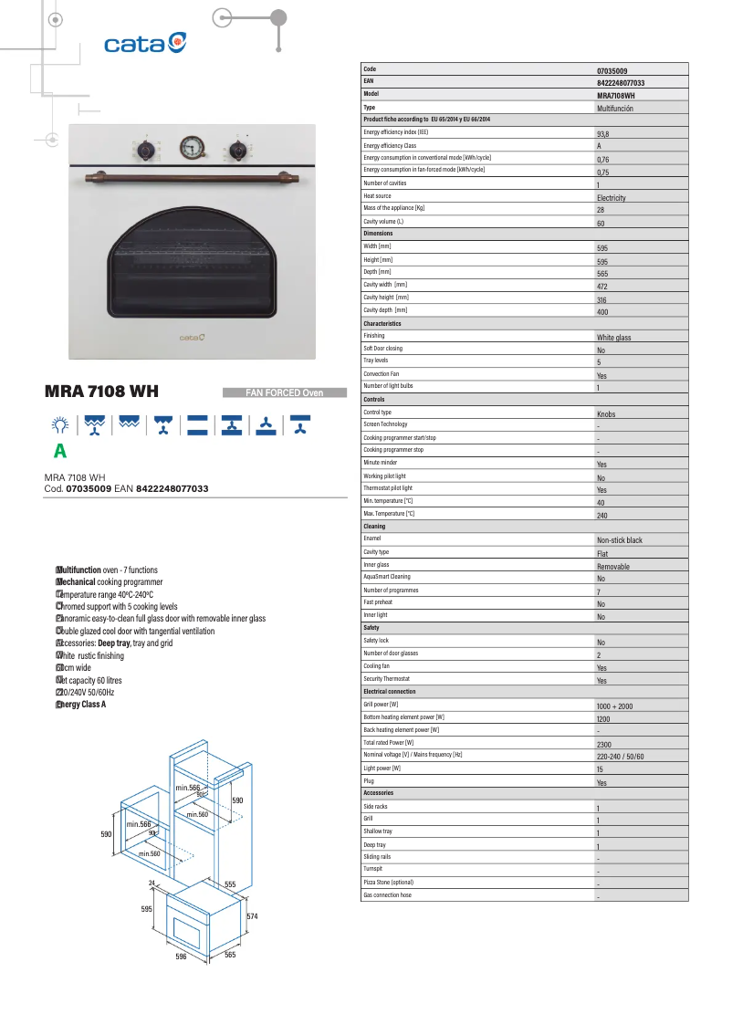 Página 1 del manual Ficha técnica CATA MRA 7108 WH