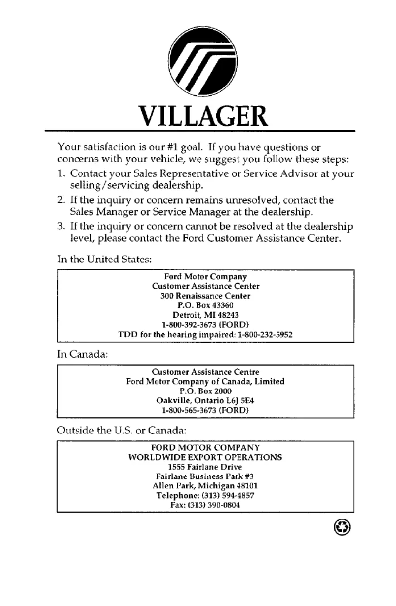 Página 1 del manual Manual de instrucciones Mercury Villager (1997)