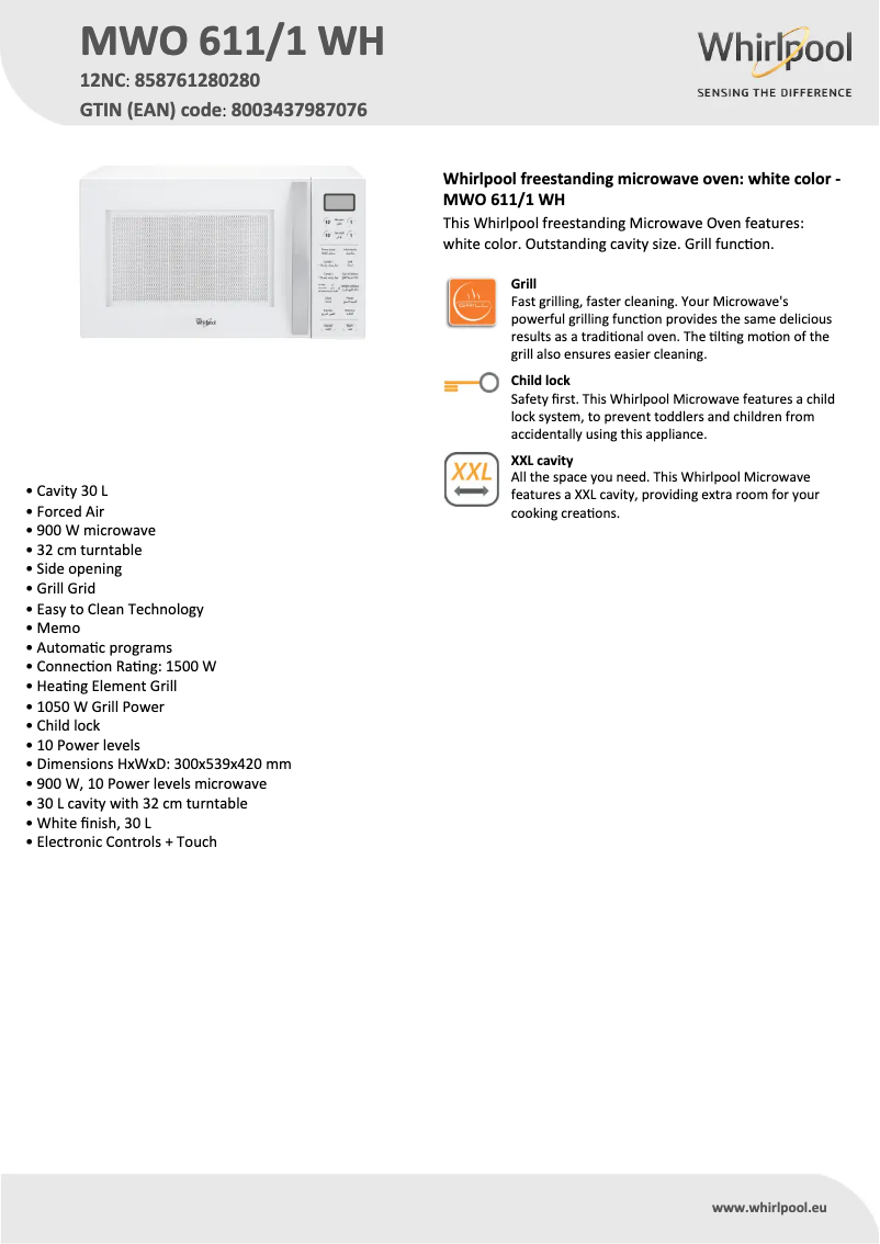 Página 1 del manual Ficha técnica Whirlpool MWO 611