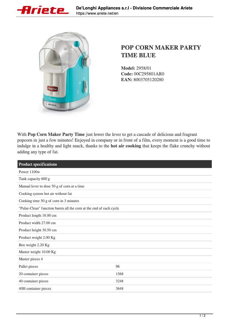 Imagen de la primera página del manual del dispositivo Pop Corn Maker Party Time 2958