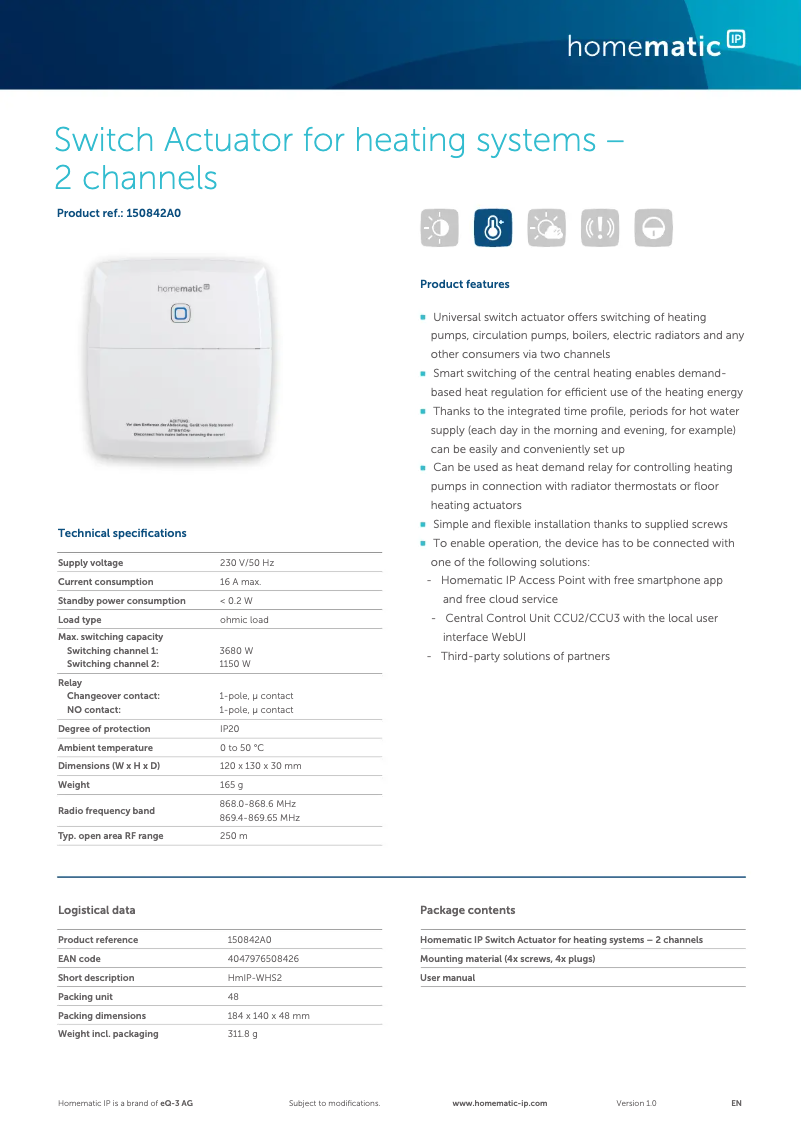 Página 1 del manual Ficha técnica Homematic IP HmIP-WHS2