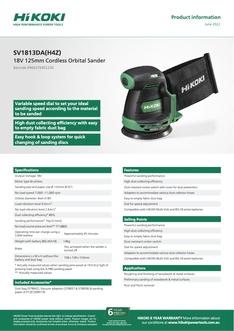 Página 1 del manual Ficha técnica HiKOKI SV 1813DA