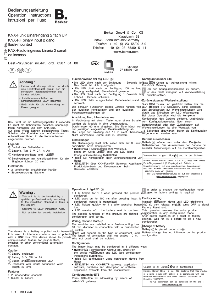 Imagen de la primera página del manual del dispositivo 85876100