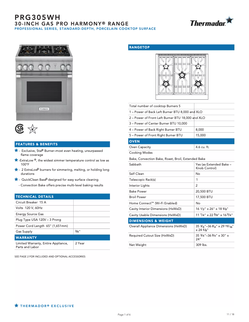 Página 1 del manual Ficha técnica Thermador Pro Harmony PRG305WH