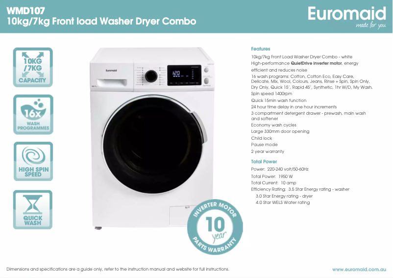 Página 1 del manual Ficha técnica Euromaid WMD107