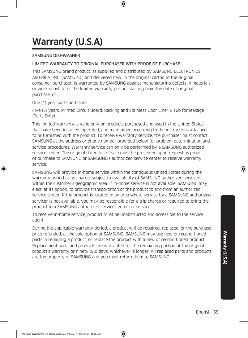 Página 1 del manual Información de garantía Samsung DW80B7070US