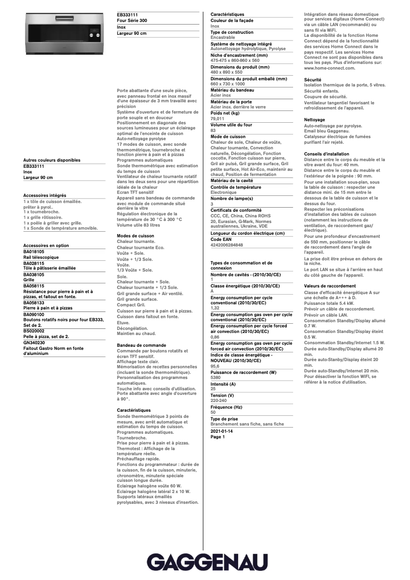Página 1 del manual Ficha técnica Gaggenau EB333111