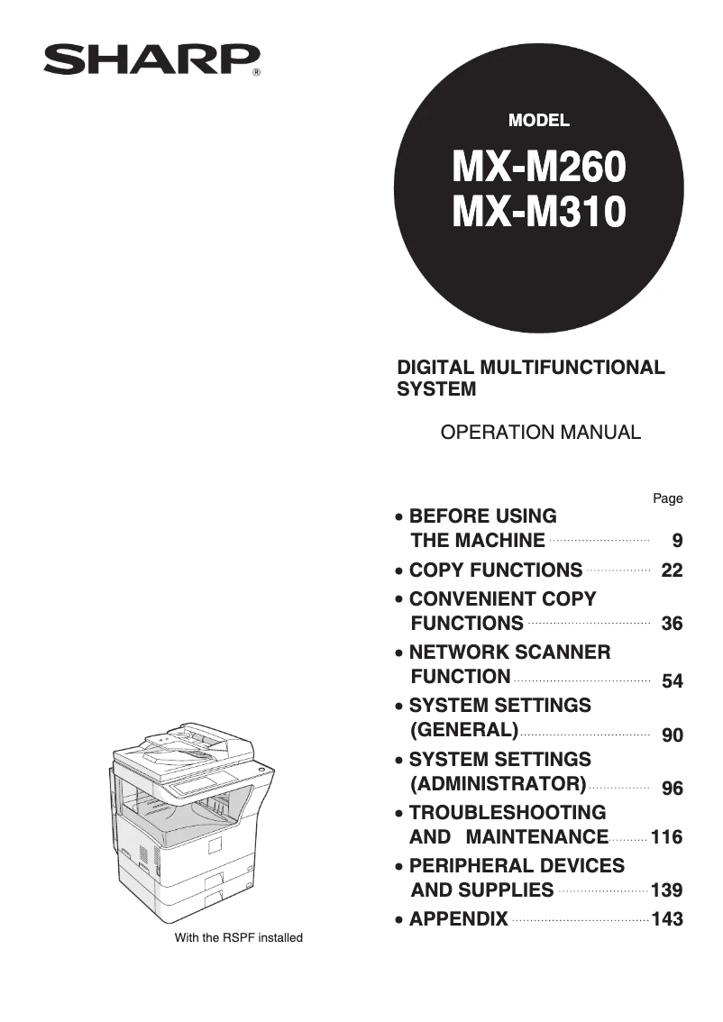 Imagen de la primera página del manual del dispositivo MX-M310