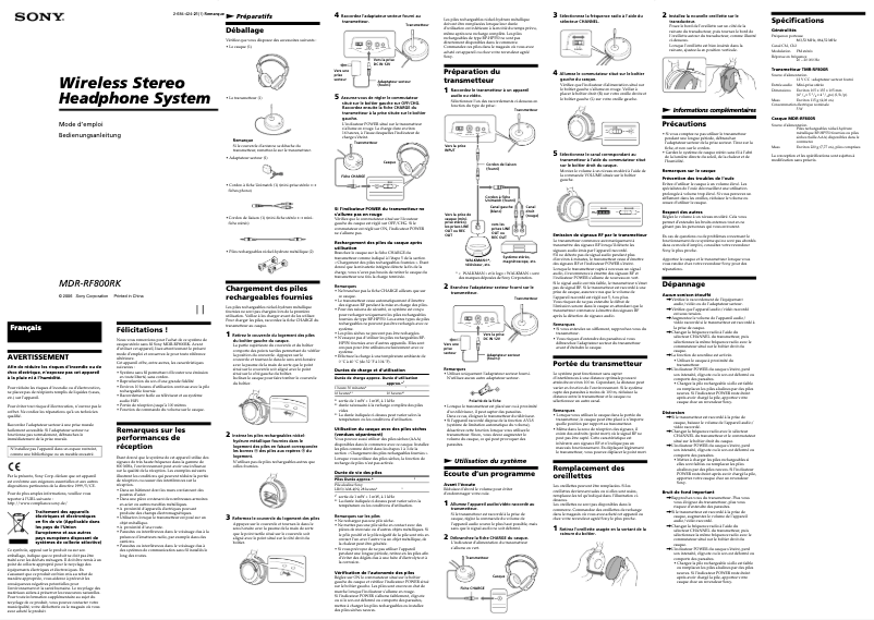 Imagen de la primera página del manual del dispositivo MDR-RF800RK
