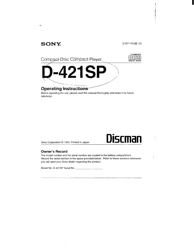 Imagen de la primera página del manual del dispositivo Discman D-421SP
