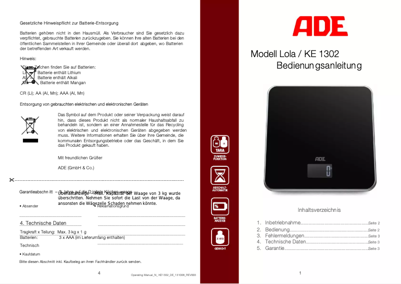 Imagen de la primera página del manual del dispositivo Lola KE 1302