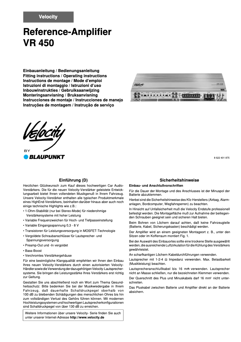 Página 1 del manual Manual de usuario Blaupunkt Velocity VR 450