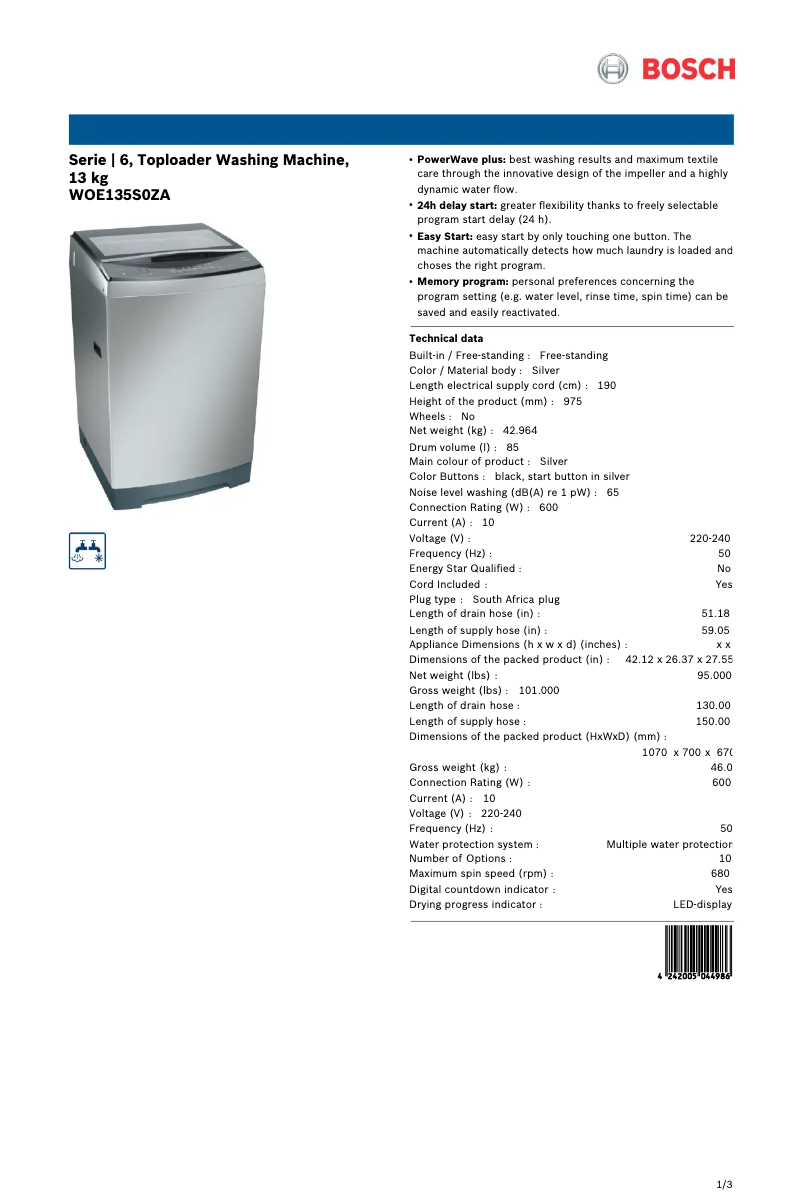 Imagen de la primera página del manual del dispositivo WOE135S0ZA