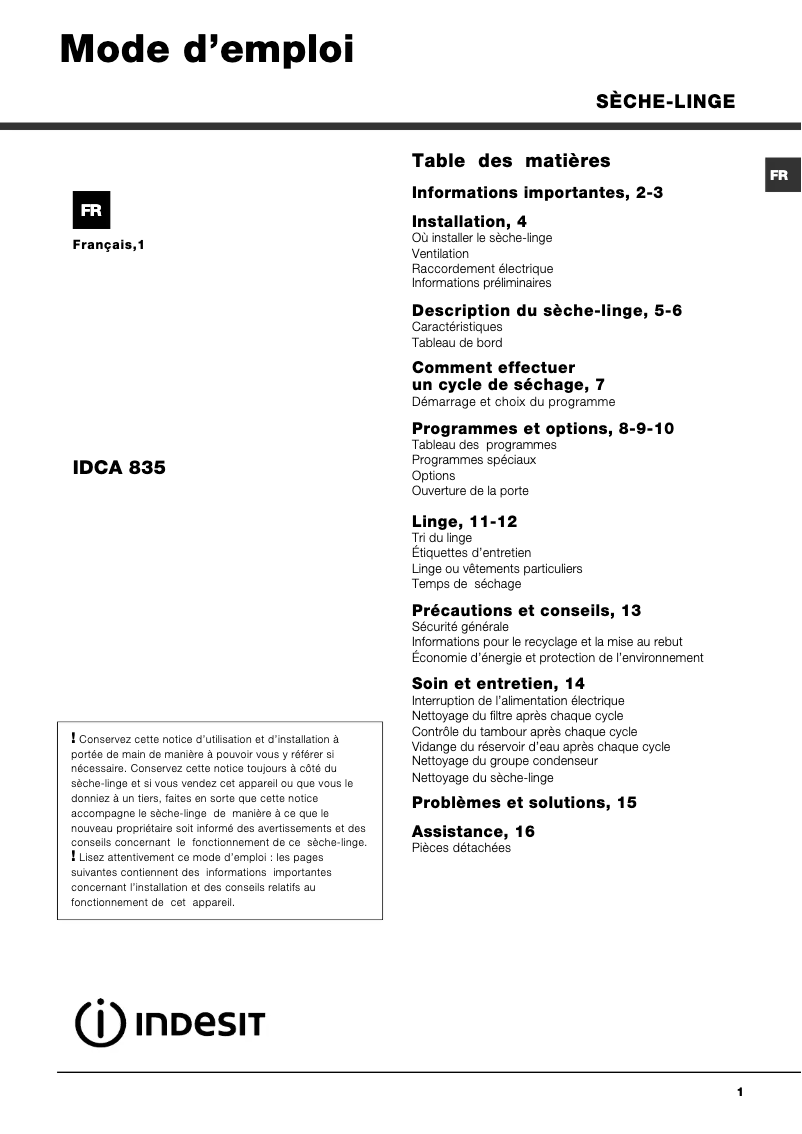 Imagen de la primera página del manual del dispositivo IDCA 835 B (FR)