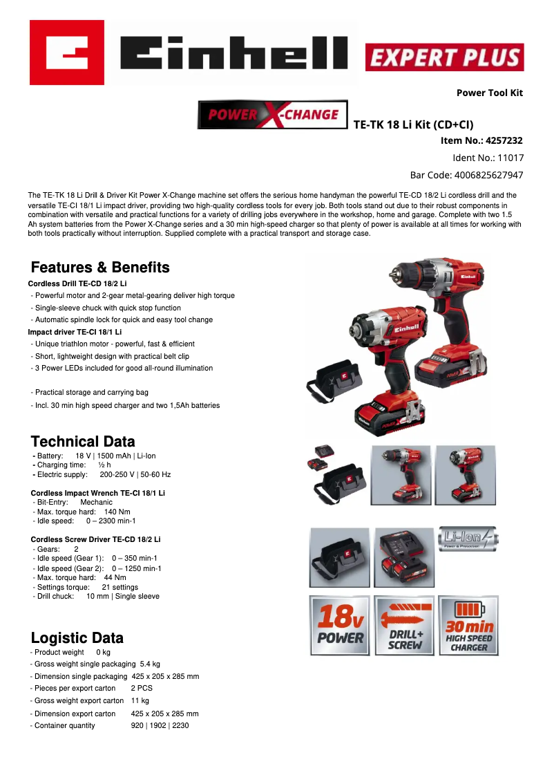 Página 1 del manual Ficha técnica Einhell TE-TK 18/1 Li