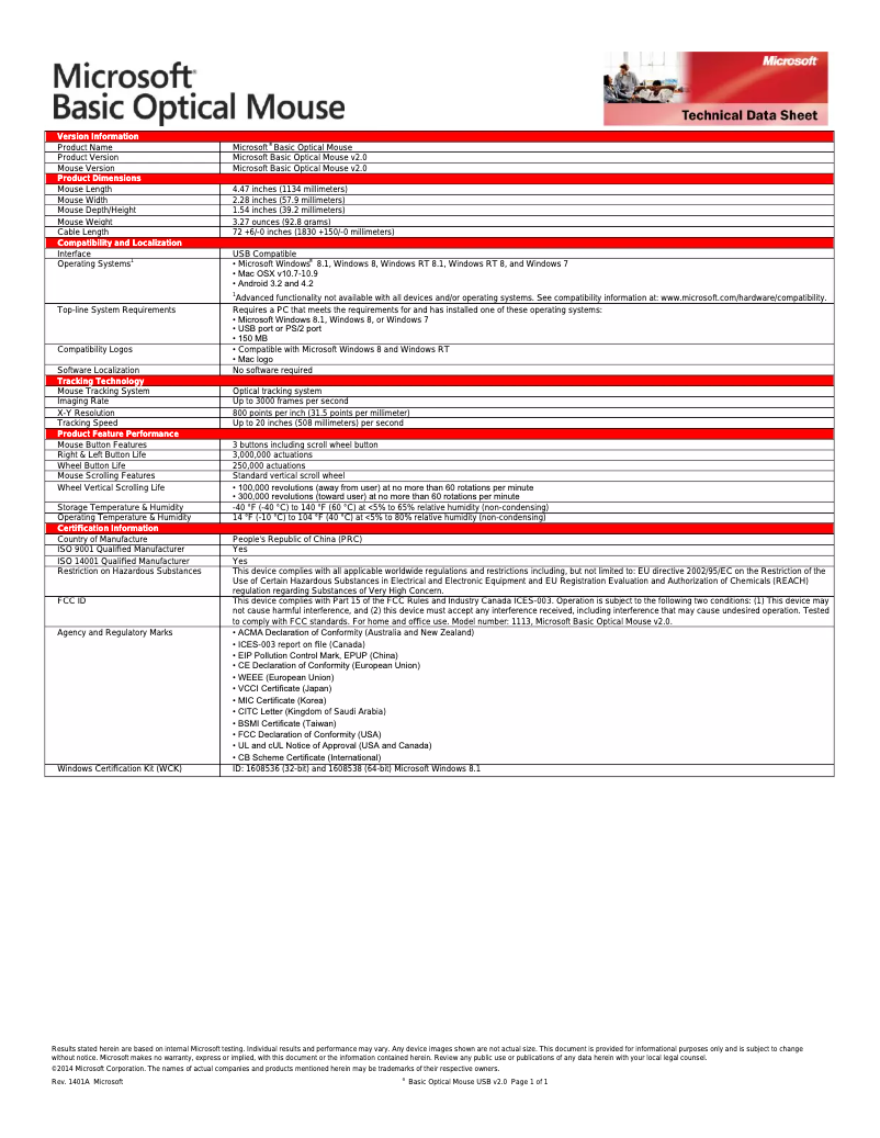 Imagen de la primera página del manual del dispositivo Basic Optical Mouse