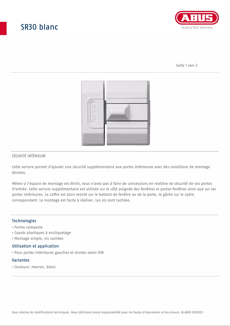 Página 1 del manual Ficha técnica Abus SR30