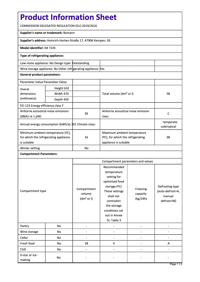 Página 1 del manual Ficha técnica Bomann KB 7235