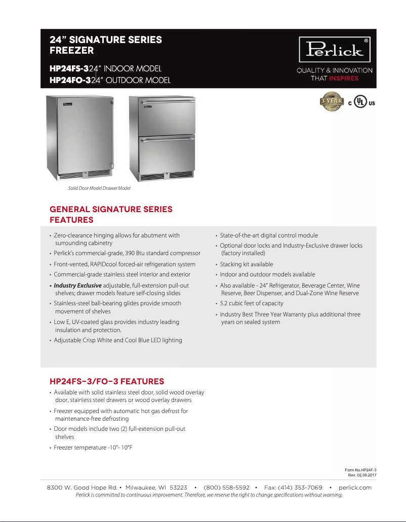 Página nº 1 - Ficha técnica Perlick HP24FO32L