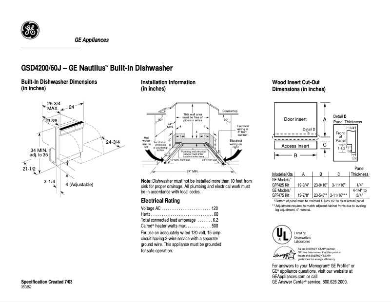 Página 1 del manual Ficha técnica GE Nautilus GSD4260JSS