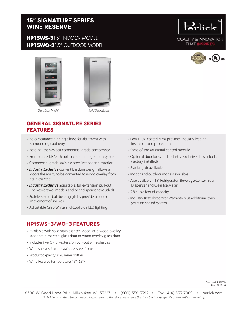 Página 1 del manual Ficha técnica Perlick Signature Series HP15WO-3-2R