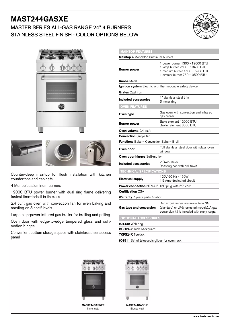 Página 1 del manual Ficha técnica Bertazzoni MAST244GASNEE